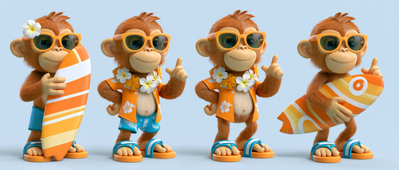 Fototapeta premium Four playful cartoon monkeys dressed in Hawaiian shirts and sunglasses, each with a surfboard. They are ready for a tropical beach vacation