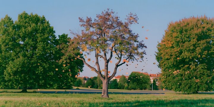 Scenic park landscape with green trees and a lonely tree standing on grass