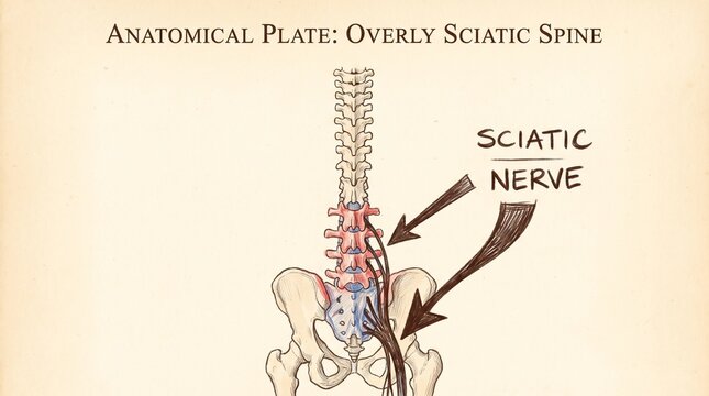 Anatomical illustration of human spine and sciatic nerve for medical education and research.