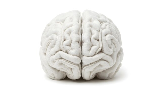 White felt human brain model isolated on white background for medical and science education.