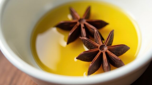 Close-up of two star anise seeds floating in a bowl of oil