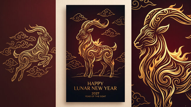 Elegant Lunar New Year 2027 Year of the Goat Gold Illustration with Chinese Cloud Motifs and Luxury Red Background