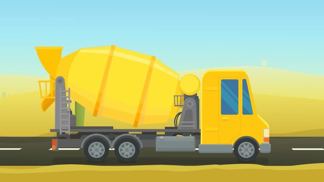 Animated cement mixer truck driving on a desert road under the sun representing construction logistics and building development. (loopable)
