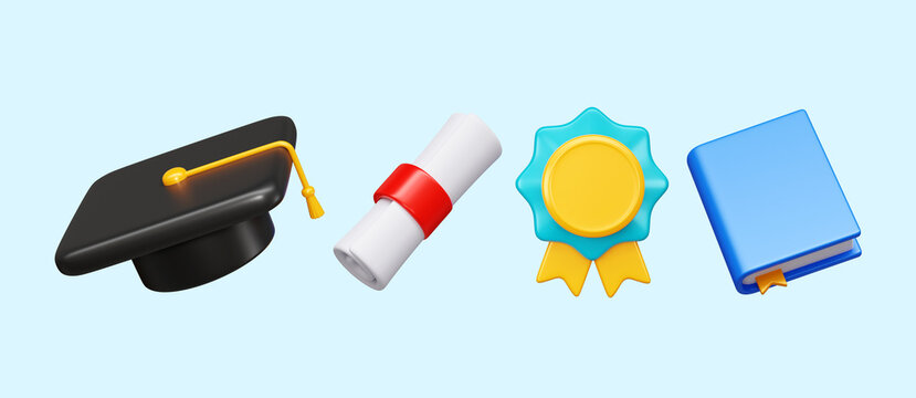 Education qualification icons set. graduation hat with books and degree scroll badge 3d rendering illustration