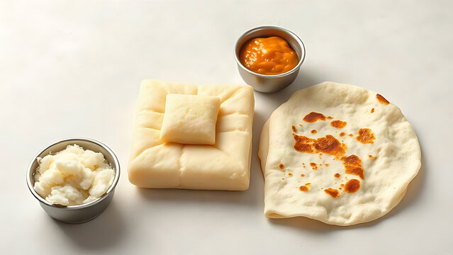 Steamed dhokla square with thepla flatbread and chickpea batter bowl, retail food display