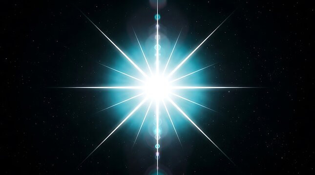 Bright blue glowing star lens flare effect on black background.