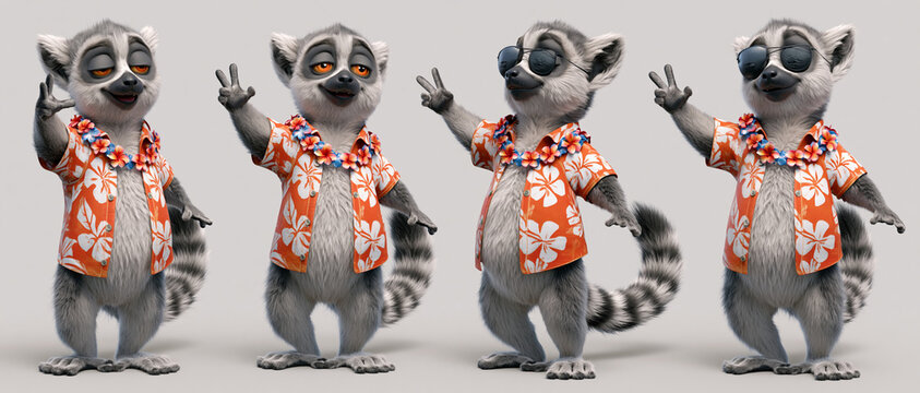 A group of four lemurs dressed in Hawaiian shirts, striking various poses. The lemurs are depicted in a playful and fun manner, with some making peace signs and others looking relaxed