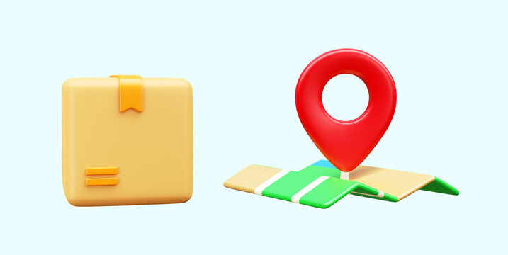 Parcel delivery concept with location pin and carton box 3d render