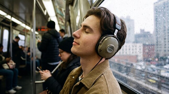 Young man listening to music on headphones during rainy subway commute