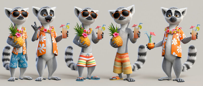 A group of five lemurs dressed in Hawaiian shirts and sunglasses, enjoying tropical drinks and pineapples on a holiday