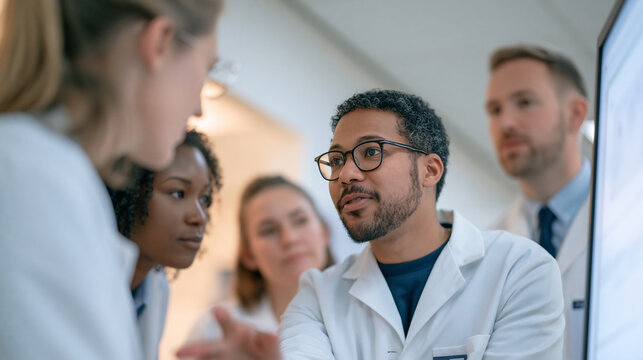 Group of forensic pathology students gathered around a case study board in a quiet rural medical facility, commitment to procedure visible in their focused body language, lab