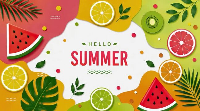 Hello Summer &ndash; Colorful Tropical Fruit & Leaves Background Animation 🌴🍉🍊