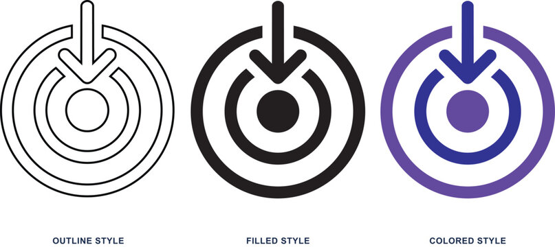 Set of three arrow pointing into circle icons in different graphic design styles for digital user interface elements