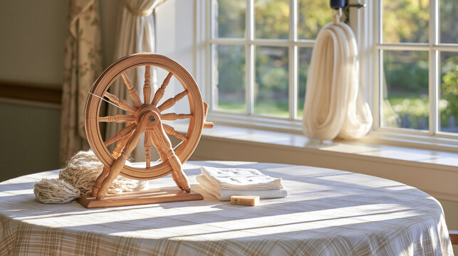 Spinning wheel loaded with natural yarn in a hospital common room, the symbolic still life showing a coiled solar shower bag hanging from a window latch beside the wool, a single
