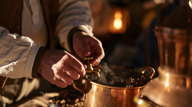 Essential oil distiller adjusting a copper still over a herb-filled kettle inside a rustic mountain hut, warm amber lamplight catching steam rising from aromatic botanicals, close