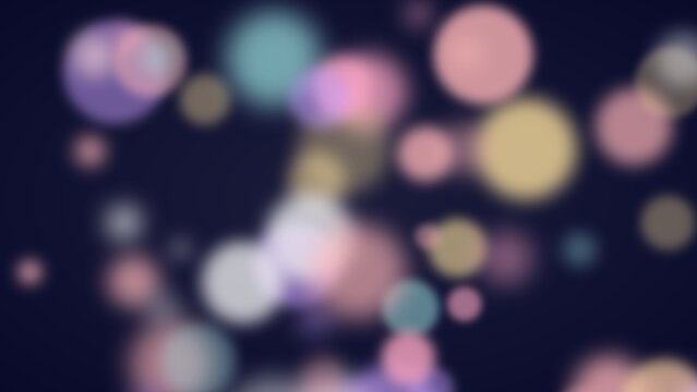 Abstract dark blue background featuring vibrant colorful bokeh light circles in purple pink and gold for festive artistic and decorative purposes