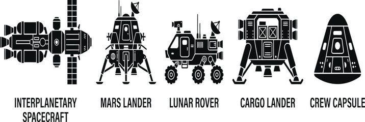 Future space exploration vehicle silhouette vector set, interplanetary spacecraft, Mars lander, lunar rover, cargo lander, crew capsule illustration collection © MstTahera
