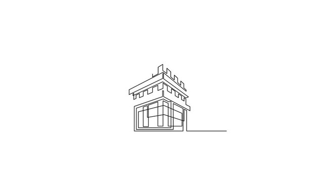 Single line art office building architectural animation on white background .Full length single line art 4k animation.Self animated.