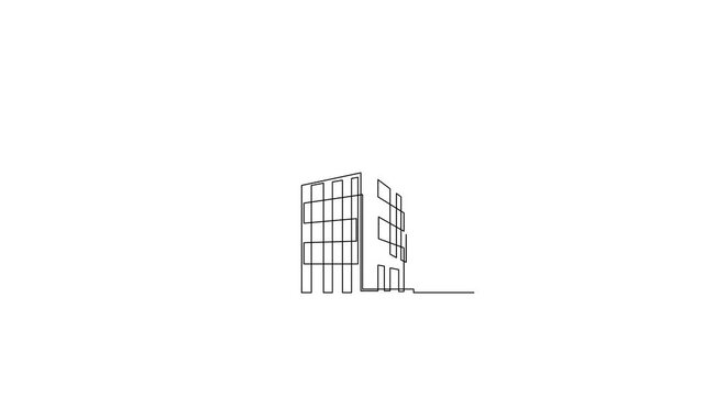 Single line art office building architectural animation on white background .Full length single line art 4k animation.Self animated.