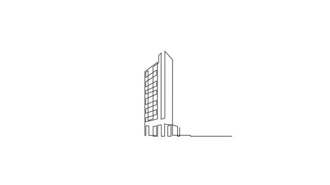 Single line art office building architectural animation on white background .Full length single line art 4k animation.Self animated.