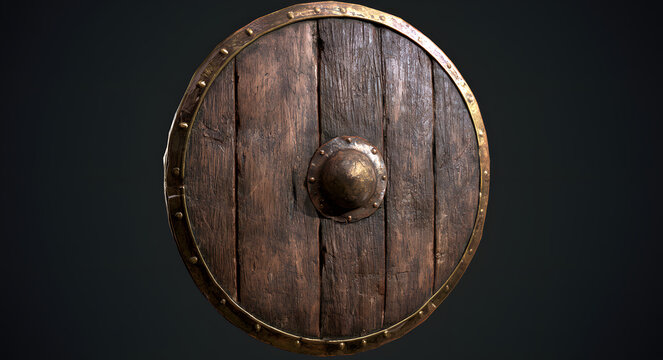 Ancient circular shield with a weathered surface and a brass edge detail