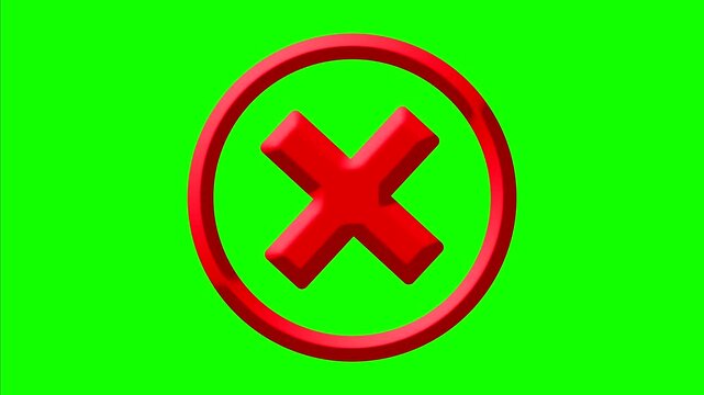 Animated 3D Red Cross Mark Cancel Circle Icon on Green Screen Background