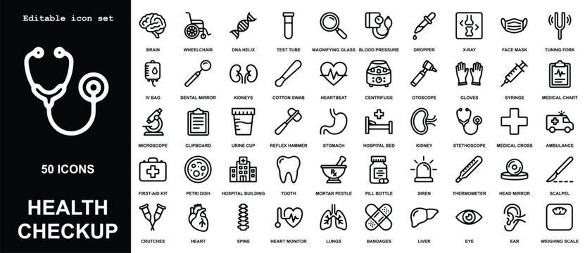 Comprehensive set of fifty health checkup line featuring black outlines of medical equipment, human organs, diagnostic tools, and symbols