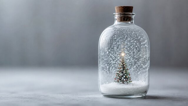 Glass bottle with miniature Christmas tree and snowfall creating magical winter holiday decoration scene indoors