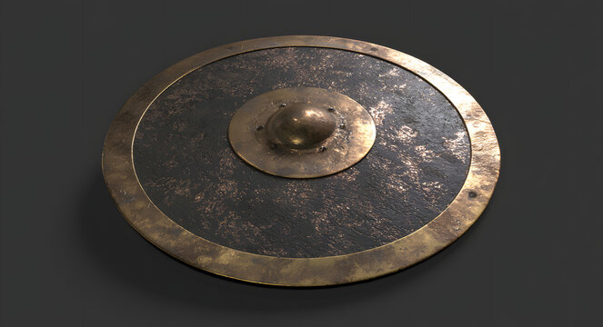 Ancient round shield with a weathered texture and brass rim detail
