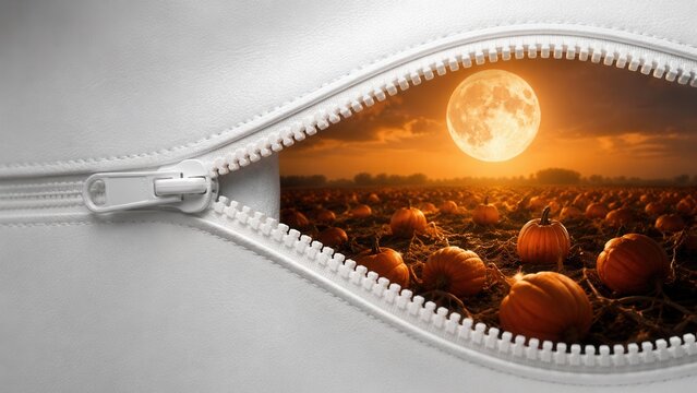 Creative Halloween pumpkin field revealed through unzipped white leather with glowing full moon at twilight scene