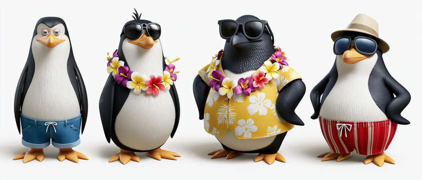 Four cartoon penguins dressed in summer vacation attire, including sunglasses, Hawaiian shirts, leis, and shorts, standing together.