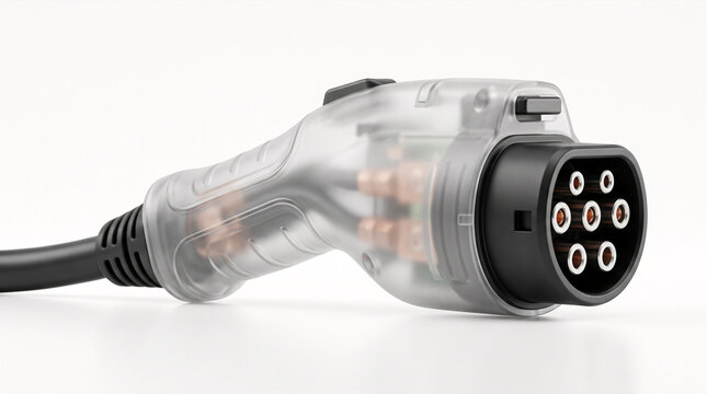 Transparent electric vehicle charging plug with copper contacts on white