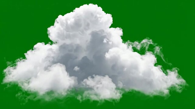 Realistic white cumulus cloud isolated on green screen, 3D rendered motion for compositing and visual effects