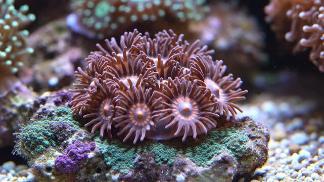 Close up of zoanthid coral polyp colony in aquarium tank
