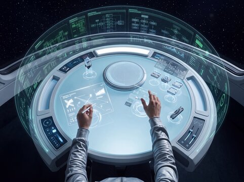 Person operating futuristic holographic control interface in space