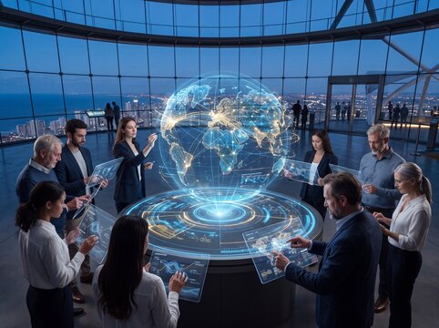 Business professionals using holographic world map in modern office
