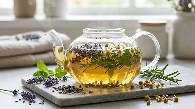 Glass teapot with herbal chamomile tea and fresh green herbs on a wooden kitchen table for relaxation. herb infusion demo