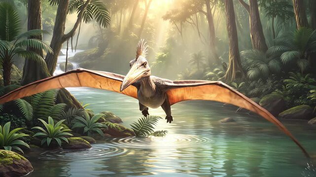 Pterodactyl flying over tropical river in prehistoric jungle. Tracking shot of flying dinosaur in ancient ecosystem.