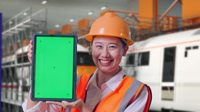 Close Up Of Asian Female Engineer With Safety Helmet Smiling And Showing Green Screen Tablet To The Camera at Train Locomotives Maintenance Depot Scaffolding