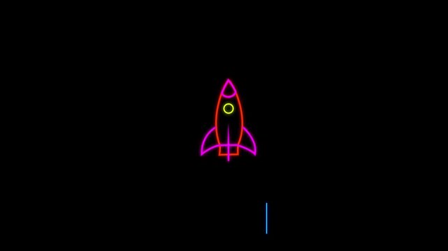 Rocket flying on sky line icon animation. simple rocket flying concept  on black screen. Space rocket line icon, icon design with rocket flying, Rocket successful launch icon animation. 4k video