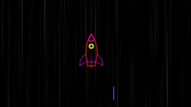 Colorful 2D light glowing rocket icon video animation. Rocket flying on sky line icon animation. flying concept  on black screen. magic Space line icon, Rocket successful launch icon animation. 4k