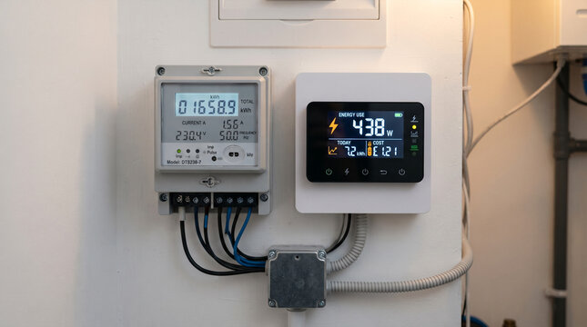 Digital electricity meter and smart energy monitor on wall