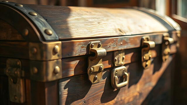 Aged wooden chest with gleaming brass hasps and weathered texture.