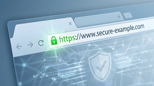 Secure Connection: A close-up of a web browser displaying a secure HTTPS connection with a prominent padlock icon, symbolizing online safety and data protection.