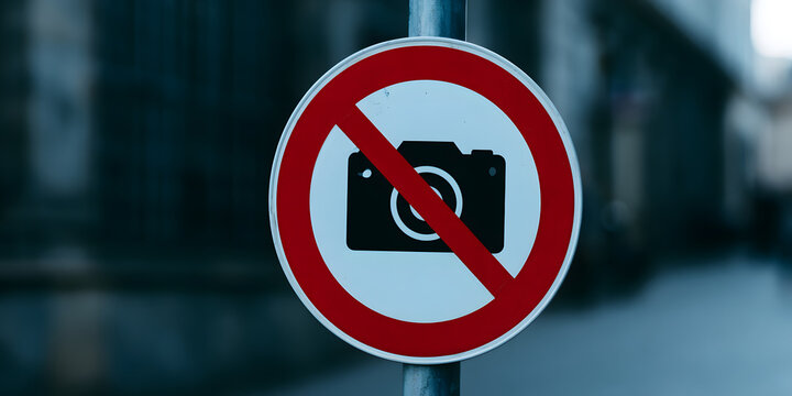 Sign prohibiting photography featuring a black camera icon within a red circular frame.