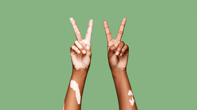 Two raised hands with visible vitiligo patches on wrists and forearms making peace signs against a green background, acral vitiligo, depigmentation, leukoderma, achromic macules, m