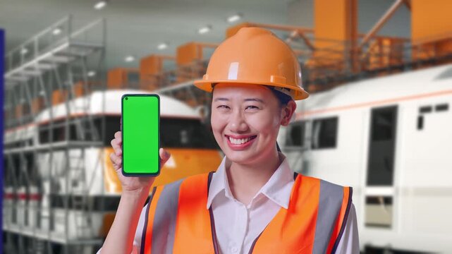 Close Up Of Asian Female Engineer With Safety Helmet Smiling And Showing Green Screen Smartphone To The Camera at Train Locomotives Maintenance Depot Scaffolding