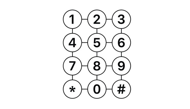 Numeric keypad layout showing numbers zero to nine, asterisk, and hash key enclosed in connected circles.