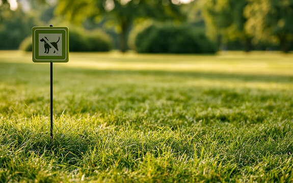 Green sign with no dog symbol on lawn in park