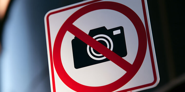 No photography allowed. Sign with a black camera icon in a red circle border.